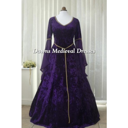 Medieval Lotr Pagan Purple & Gold V Neck  Velvet Dress